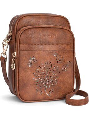 Women's Brown Crossbody Bag RFID Phone Purse Triple Compartments Lightweight Bag